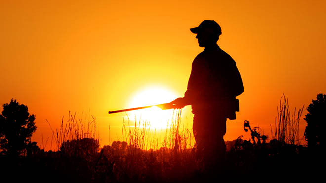 猎人轮廓在日落